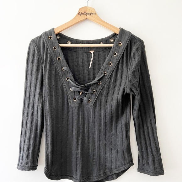 Free People Ice Cold Ribbed Lace Up Neck Top - Picture 4 of 10